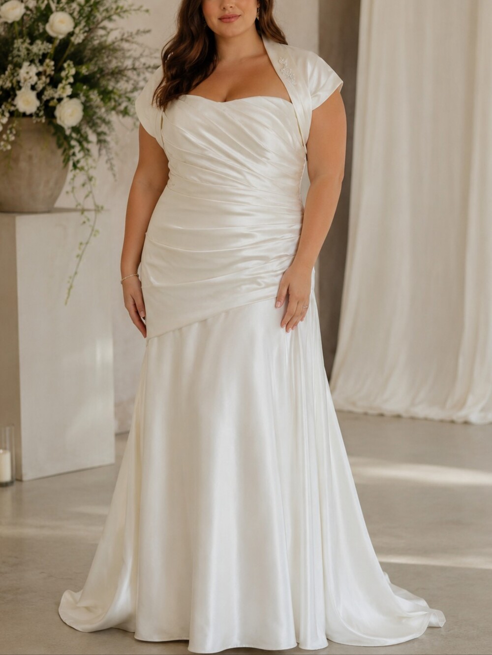 Venus Satin Strapless Ivory Satin Modest Short Sleeve Wedding Dress sz 16